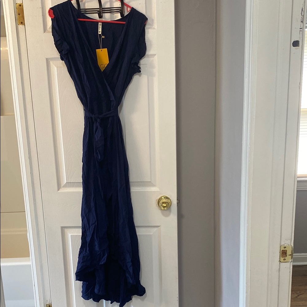 Blue Asymmetrical Wrap Sundress with V-neck